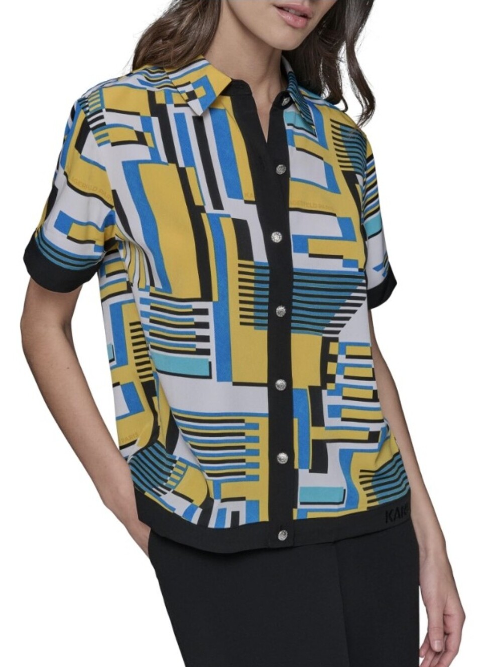Karl Lagerfeld Paris Geometric Print Short Sleeve Button Front Top - Yellow/Blue